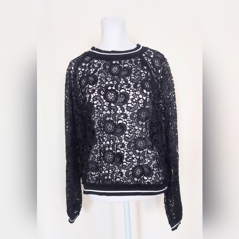 Lucca Couture Crewneck Black Lace Sweatshirt Black White Trim Size Medium